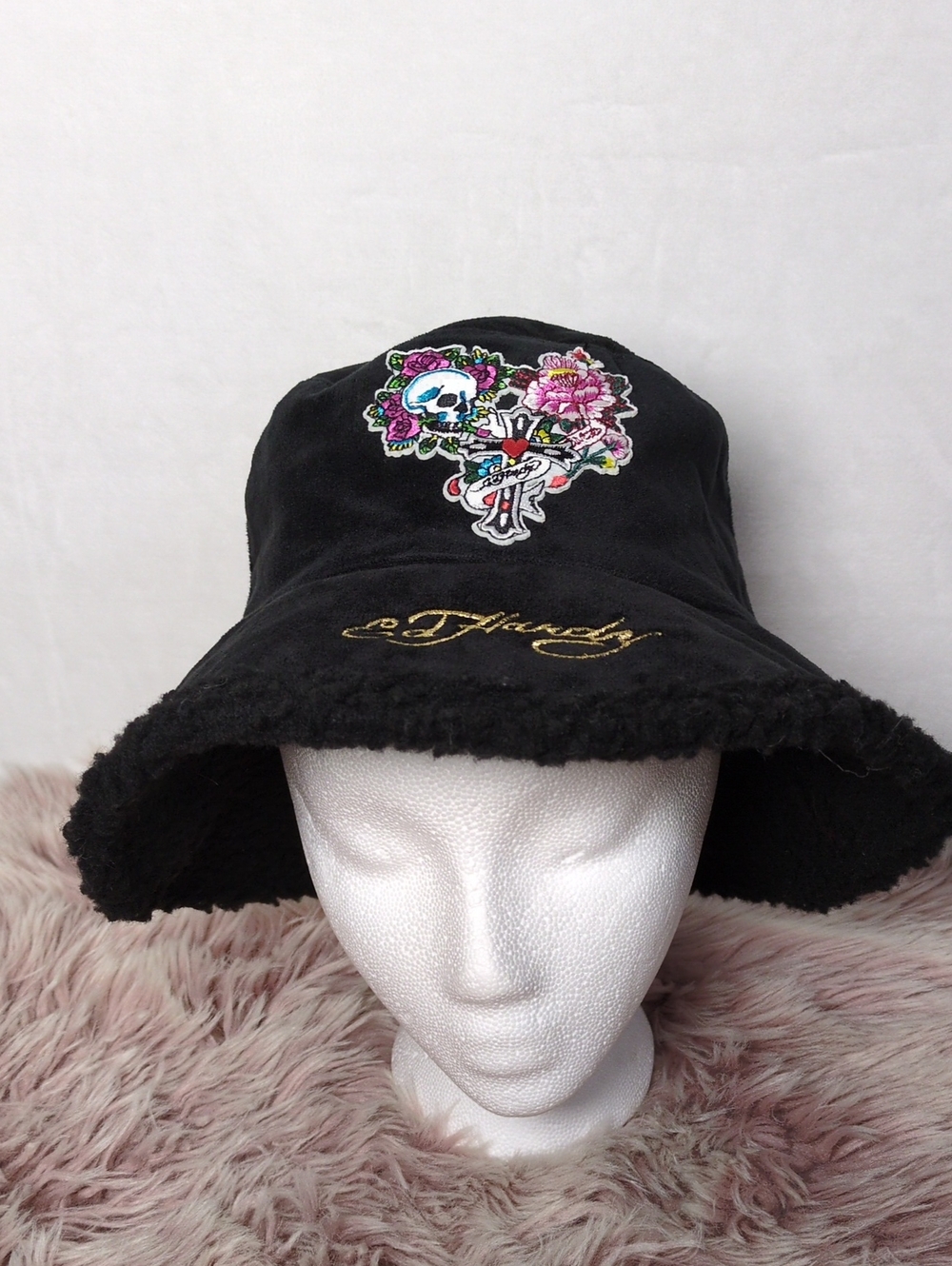Ed Hardy Fleece Lined Skull Cross Embroidered Bucket Hat